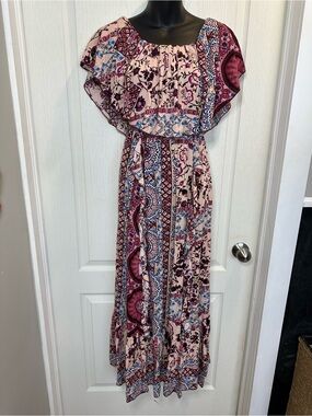 Jaase Boho Pink Floral Maxi Dress sz S 
ruffle off shoulder flounce tiered skirt